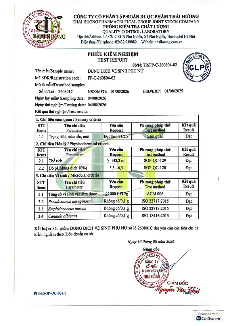 Phiếu kiểm nghiệm Dung dịch vệ sinh phụ nữ, lô 260801C